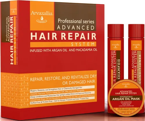 Arvazallia - Sistema avanzado de champú reparador y acondicionador profundo para cabello seco o dañado con aceite de argán y macadamia, sin sulfatos