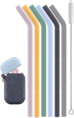 Ello Impact - Paquete de pajitas de silicona reutilizables con funda de transporte plegable y almacenada, popote portátil para fiestas, viajes,