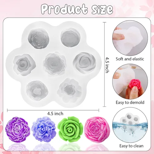 Miniatura 2 de Moldes de silicona para 7 cavidades, moldes para velas de flores de rosas, molde de fondant de peonía para gelatina, chocolate, mousse, decoración