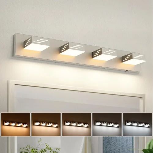 Joosenhouse 4 luces de níquel cepillado para baño, 29.92 pulgadas, 5CCT regulable, lámpara de tocador LED, lámpara de maquillaje moderna de 32 W con