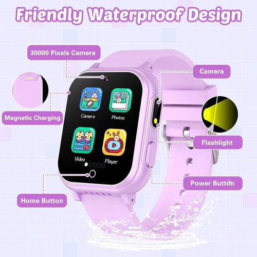 Miniatura 7 de Reloj inteligente impermeable para niños con 32 juegos, cámara dual, video, seguimiento de hábitos, reproductor de música, podómetro, protectores