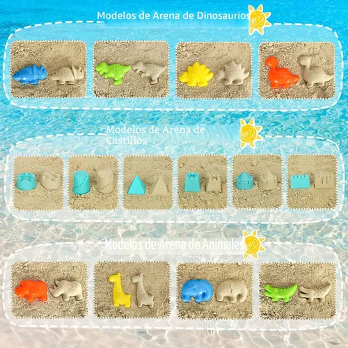 Miniatura 5 de FUSPWEAO Juguetes de playa, juguetes de arena de dinosaurios con camión volquete y cubo de playa plegable, pala y rastrillo, bolsa de malla, moldes