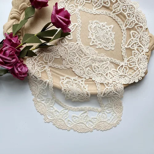 Miniatura 2 de Juego de 2 manteles individuales de encaje de estilo francés beige, ovalados bordados vintage para mesa, exquisito tapete para jarrón y bufanda