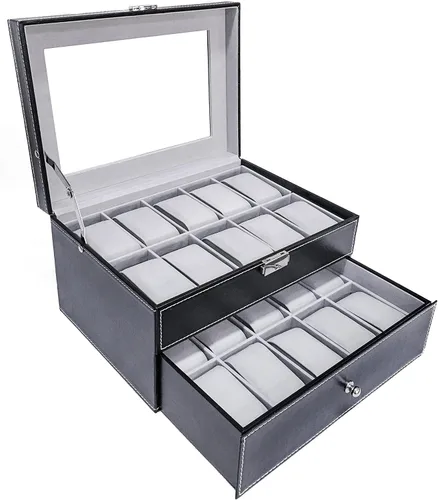 Miniatura 2 de Sodynee Caja superior brillante de cuero sintético de 20 cuadrículas, organizador de exhibición de relojes de joyería, caja superior grande