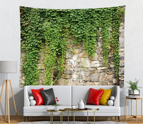 Miniatura 3 de BELECO Tapiz de pared de piedra con hojas para colgar en la pared, 176 x 118 pulgadas, jardín de primavera, pared de piedra vieja, tapiz de hojas