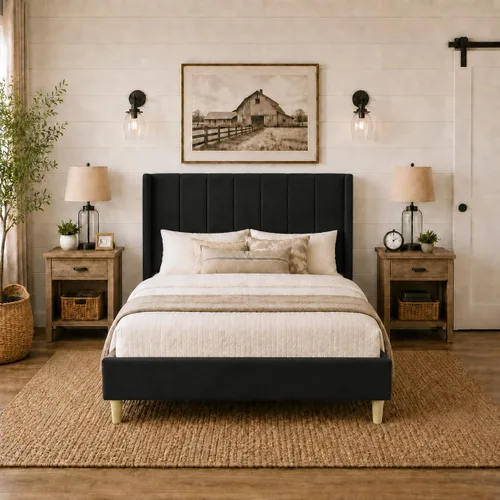 Cama de plataforma tapizada de perfil bajo, cama individual con lino negro, fácil montaje, estilo clásico