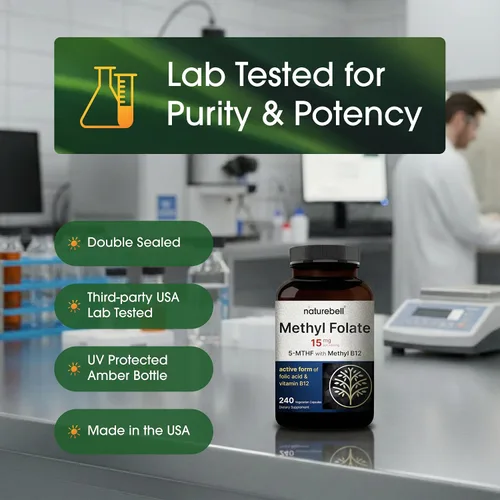 Miniatura 5 de NatureBell L Metilfolato 15 mg (5-MTHF) con metil B12 1000mcg, 180 cápsulas vegetarianas Acción dual de alta potencia para apoyo energético