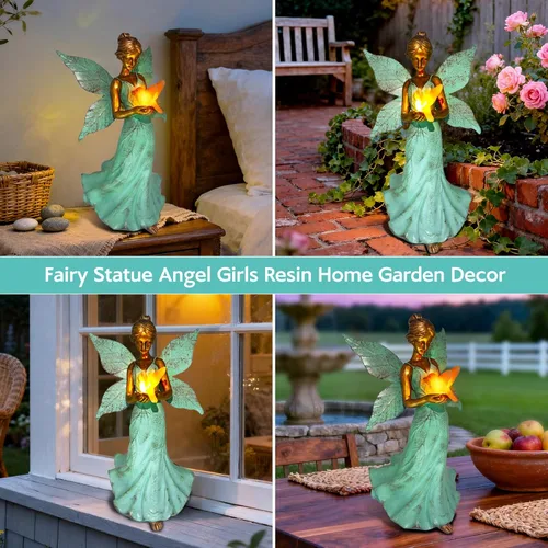 Miniatura 7 de Decoración solar de estatua de jardín de hadas, figura de resina de ángel de 10 pulgadas, impermeable, decoración del hogar con luces LED de colibrí