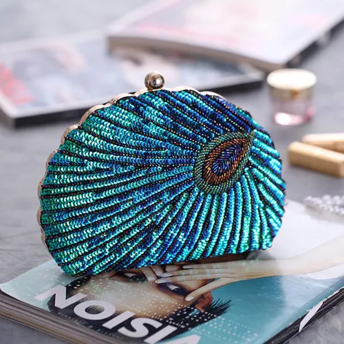 Miniatura 6 de LIFEWISH Bolso de noche único con lentejuelas de lujo para mujer, para boda, novia, fiesta, graduación, bolso de mano (azul pavo real)