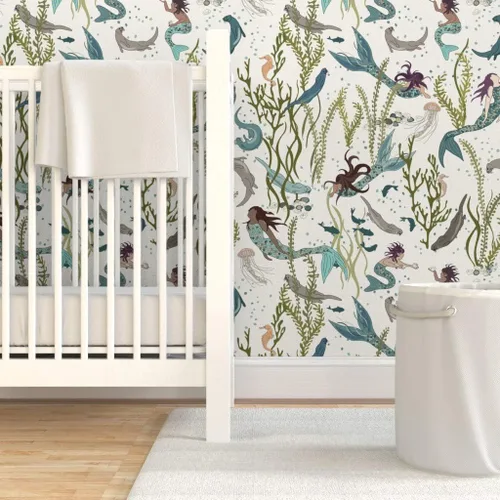 Miniatura 6 de Papel tapiz para despegar y pegar, diseño de sirenas nutrias, blanco, verde, azul, mar, océano, fondo de pantalla extraíble personalizado Spoonflower