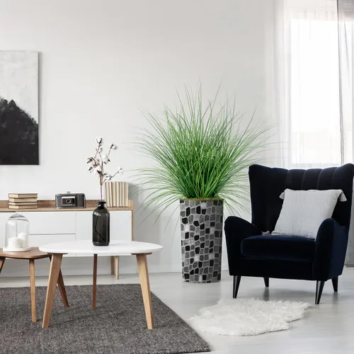 Miniatura 14 de Árbol artificial en macetero moderno con patrón geométrico, palmeras tropicales areca falsas de seda para decoración del hogar en interiores