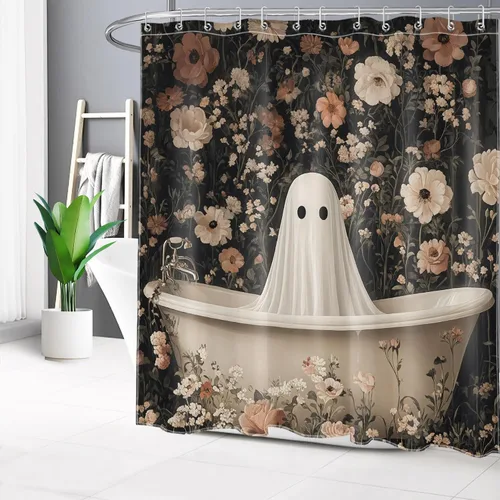 Miniatura 9 de LB Cortina de ducha espeluznante de Halloween, árbol muerto espeluznante con tela de araña de murciélago, cortina de ducha de baño con temática