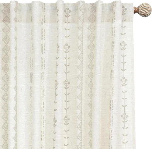 Lino Rosa Cortinas cortas para ventana de dormitorio, baño, cortinas traslúcidas con estampado bohemio de lino color gris pardo, no pellizca,
