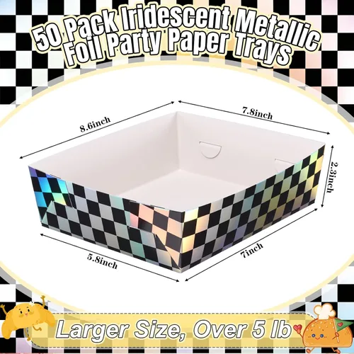 Miniatura 3 de Mifoci 50 bandejas de papel iridiscentes para fiestas de autos de carreras, 5 libras, grandes de color negro metálico e iridiscente, platos