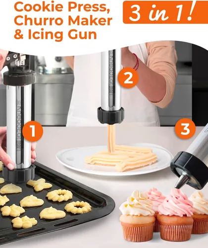 Miniatura 2 de KneadEat Premium Kit de 68 piezas para hacer churros - Pistola de prensa de galletas tipo spritz - Pistola de glaseado. 12 discos para galletas