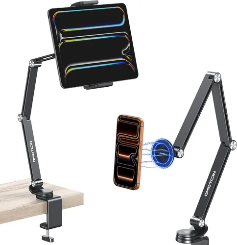 Miniatura 9 de OMOTON GH03 - Soporte para tablet con rotación de 360°, soporte de teléfono de brazo largo de aleación de aluminio GH03 con 2 abrazaderas de Negro