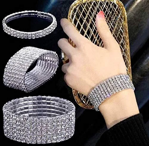 Miniatura 2 de Harlorki Pulsera elástica elástica de 5 filas con diamantes de imitación brillantes para niña, joyería de moda, Plástico, cristal
