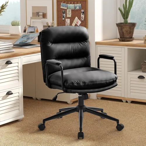 Miniatura 13 de Furniliving Criss Cross Office Chair with Adjustable Flip-up Arms, Premium Chenille Upholstered Cross Legged Chair, Ergonomic Swivel Desk Vanity