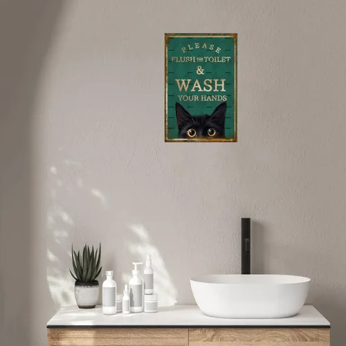 Miniatura 5 de EMOHAT Letrero de placa de metal de aluminio, divertido gato negro con texto en inglés «Please Flush Toilet Wash Your Hands», bonito cartel