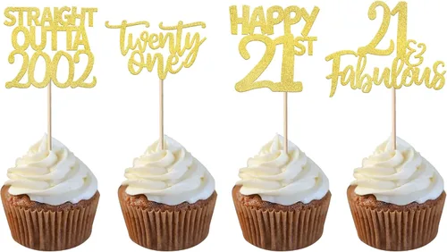 Paquete de 24 adornos para cupcakes con purpurina de 21 años de 2002, decoraciones para pasteles de cumpleaños de 21 años, suministros de fiesta de