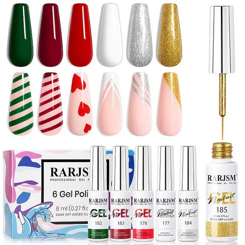 Miniatura 9 de RARJSM Juego de 6 esmaltes de gel para arte de uñas, color popular, negro, blanco, rosa, rojo, brillantina, plata, oro, curado, requiere remojar
