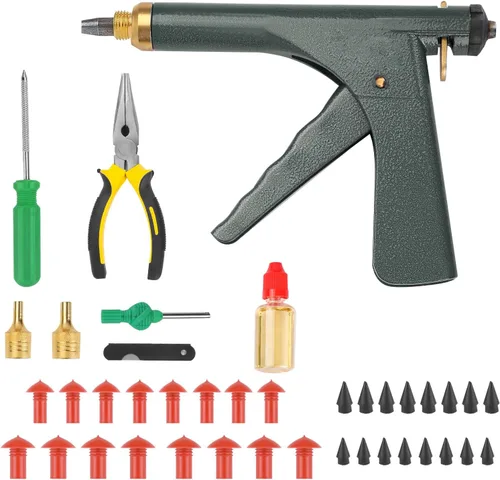 Kit de reparación de pinchazos de pistola de neumáticos sin cámara con tapón de seta (kit de perforación de pistola, 16 tapones, verde) para