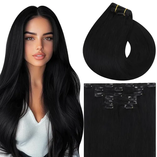 Vivien Extensiones de cabello humano con clip, color negro azabache, extensiones de cabello humano real con pinzas invisibles, doble trama, 14