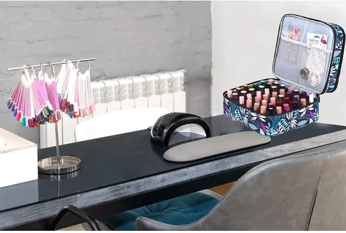 Miniatura 7 de Organizador de esmalte de uñas de doble capa, capacidad para 42 botellas, almacenamiento de esmalte de uñas con asa, estuche organizador de bolsa