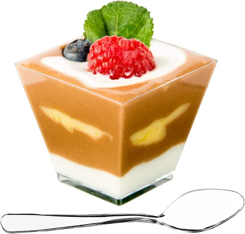 Miniatura 11 de DLux 100 x 2oz Tazas Cuadradas Mini de Postre con Cucharas y Tapas, Taza de Plástico Transparente para Aperitivos Parfait - Pequeño Cuenco