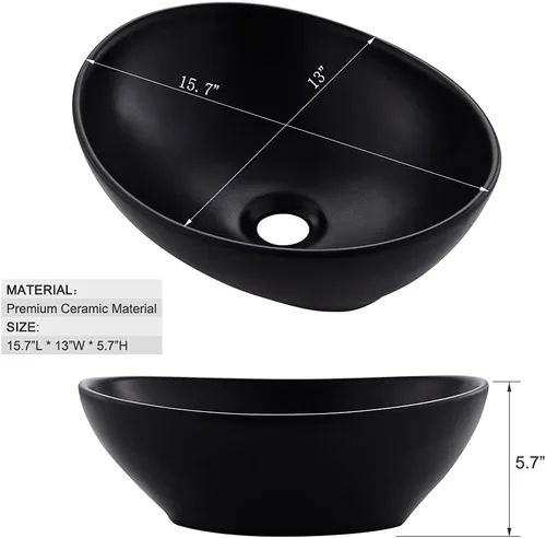 Miniatura 5 de Fregadero de recipiente negro mate de 16 x 13 con grifo y drenaje combinado, fregadero de baño ovalado de porcelana sobre el mostrador Mate negro