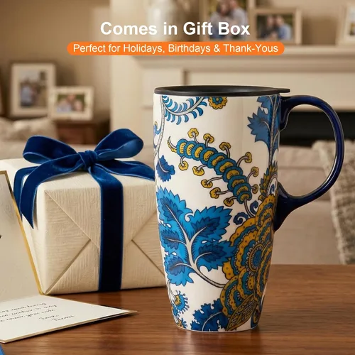Miniatura 7 de Topadorn Taza de café de cerámica de 17 onzas, taza de viaje floral de cachemira azul y amarillo con tapa, apta para microondas y lavavajillas, sin
