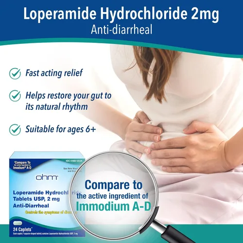 Miniatura 3 de Ohm Cápsulas de clorhidrato de loperamida de 2 mg (24 unidades) – Medicina antidiarrea para adultos y niños, alivio efectivo del estómago, pastillas