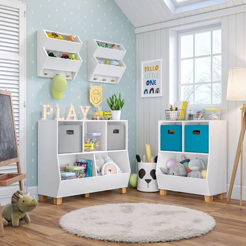 Miniatura 4 de RiverRidge Catch-All - Organizador de juguetes para niños de 35 pulgadas de ancho con 3 cubos y 2 contenedores de almacenamiento, color blanco puro