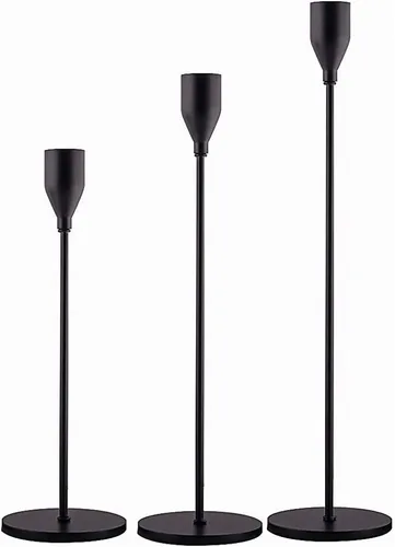 Tvoip Juego de 3 portavelas para velas cónicas, juego de candelabros de metal para velas de 3/4 de pulgada de grosor y velas LED, portavelas Negro