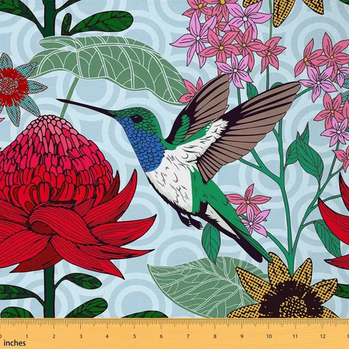 The Yard - Tela impermeable de colibrí por yarda, flor de acuarela, tela amante de la naturaleza, proyectos de bricolaje para el hogar, verde y