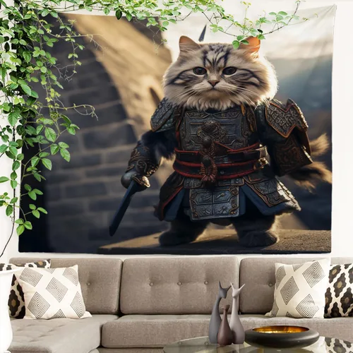 Miniatura 7 de Batmerry Cat In Armor Polyester Tapestry, Cat Armor Sword Warrior Battle Shield Lightweight Wall Hanging High-Definition Print Backdrop For Dorm