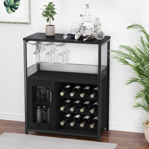Miniatura 11 de IDEALHOUSE Armario de bar de vinos de 3 niveles con estante de vino desmontable y espacio de almacenamiento, gabinete de buffet con soporte de Gris