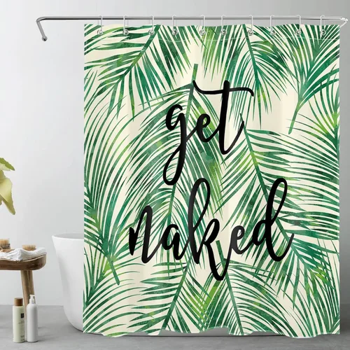 Miniatura 14 de LB Cortina de ducha de plantas de hojas verdes tropicales, citas divertidas y hojas de palma en cortinas de ducha beige para baño, tela de poliéster