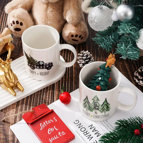 Miniatura 3 de Whaline Juego de 2 tazas de Navidad de 12 onzas con acuarela, a cuadros, árbol de Navidad, camión, taza de café, tazas de cerámica para fiesta