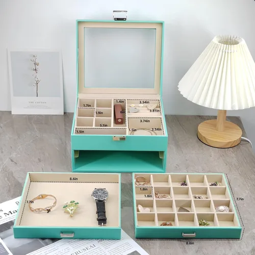 Miniatura 4 de BOOVO Clear Lid Jewelry Box For Girl,3 Layers Jewelry Organizer boxes For Women Turquoise Earring Jewelry Box For Girl Necklace Ring Bracelet