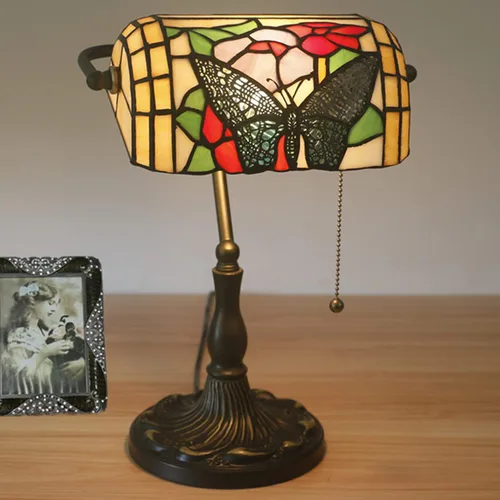 Lámpara de mesa estilo Tiffany para banquero con vidrio manchado, lámpara de escritorio estilo piano, lámpara de noche vintage para dormitorio, base
