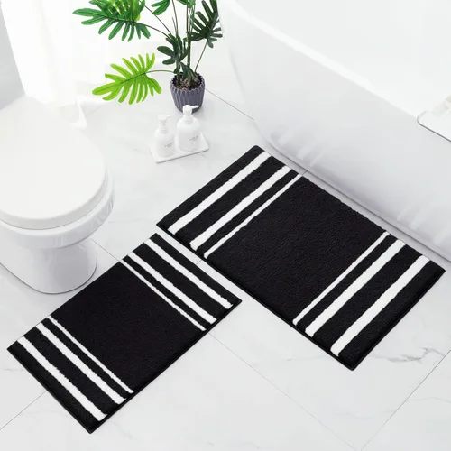 Miniatura 9 de HOMEIDEAS Juego de 2 alfombras de baño, a rayas, súper absorbentes, de microfibra suave, antideslizantes, lavables, para ducha y bañera (gris)