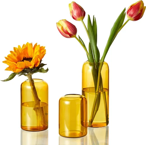 ZENS Juego de 3 jarrones de cristal soplados a mano, pequeños jarrones de color ámbar para decoración de flores, moderno jarrón cilíndrico de vidrio