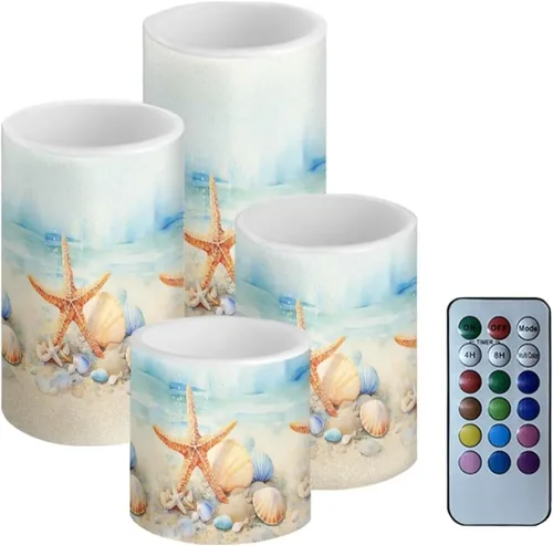 Miniatura 26 de Velas LED parpadeantes operadas por batería, juego de 4 con control remoto y temporizador, velas de llama danzante, velas de pilar para mesa, Playa