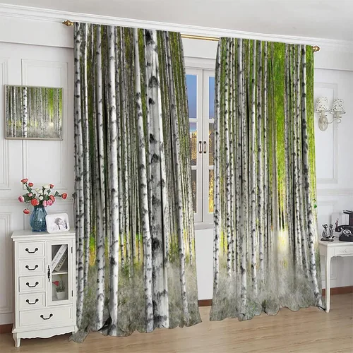 Miniatura 4 de Cortina opaca de bosque de verano, diseño de ramas de bosque, con bolsillo para barra, cortinas farbic con bolsillo para barra, comedor, cafetería