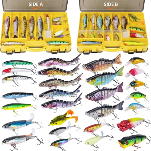 THKFISH - Juego de señuelos de pesca con cebos de natación multi articulados, poppers de superficie, señuelos tipo lápiz, minnow, rana, 28 piezas.