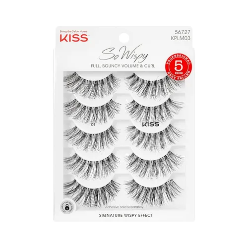 KISS So Wispy - Pestañas postizas, paquete de varias unidades, n.º 01, fáciles de aplicar, ligeras, 100% libres de crueldad, pelo humano natural,