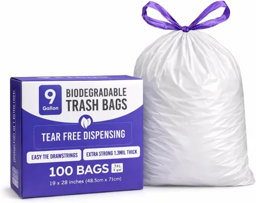 Miniatura 6 de Bolsas de basura biodegradables de 13 galones con cordón, 75 unidades, bolsas de basura altas a base de plantas de 1.4 mil de grosor con práctica