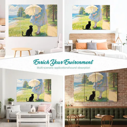 Miniatura 6 de Mollywell Paneles acústicos artísticos de 48 x 32 x 0.4 pulgadas, paraguas, gato y mar, absorción de sonido, decoración de pared autoadhesiva a Robin