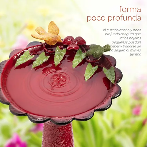 Miniatura 5 de Alpine Corporation - Baño de pájaros de metal para exterior de 28" de alto con estatua de jardín de ardillas y hojas, rojo – Impresionante acento